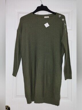Ultra Flirt Olive Green Crewneck Button-Shoulder Sweater